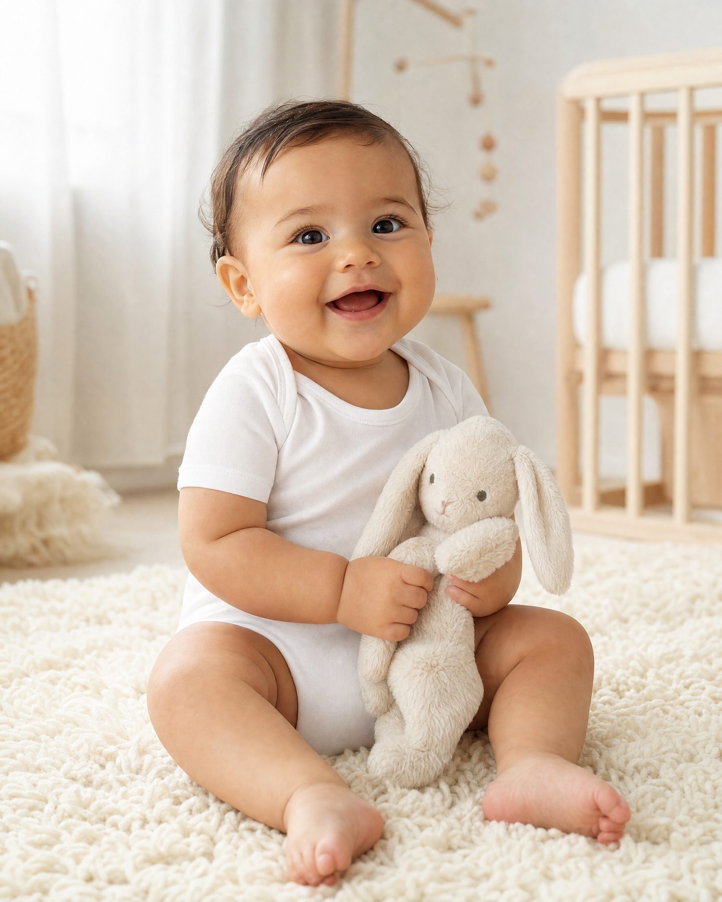 A baby sitting in a white bodysuit